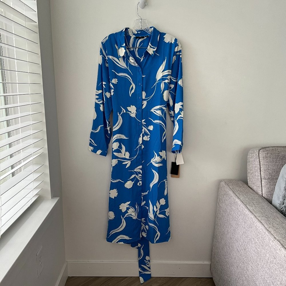Halogen Long Sleeve Midi Shirtdress In Blue Camp Elizabeth Floral - Picture 2 of 10